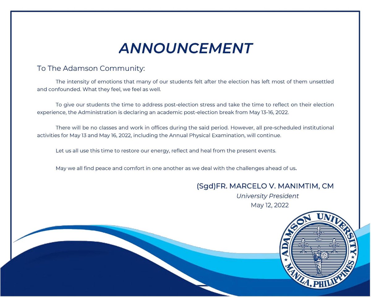 rapplerdotcom's tweet photo. NEWS UPDATE: Adamson University announces post-elections academic break from May 13 to 16 to address “post-election stress and take the time to reflect on their election experience.” #PHVote | via @bnzmagsambol https://t.co/hqhHfW0Kvu