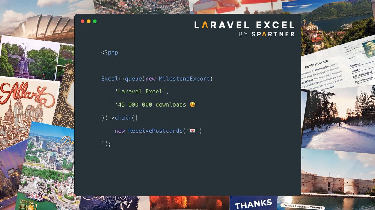 SpartnerNL's tweet image. We are proud to announce that our Laravel Excel package has received 45 million downloads.
Shout out to all our users, We love the latest postcards!
#Laravelexcel #Laravel #milestone #spartner #softwaredevelopment