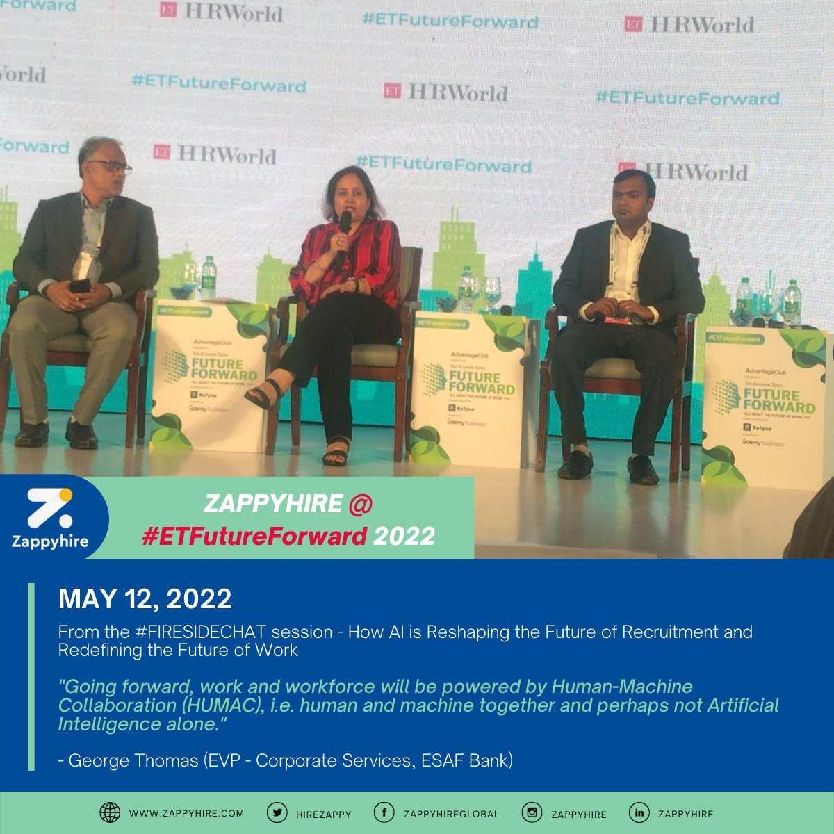 zappyhireglobal's tweet photo. #ETFutureForward #LiveUpdates

HAPPENING NOW!

"Going forward, work and workforce will be powered by Human-Machine Collaboration (HUMAC), i.e. human and machine together and perhaps not Artificial Intelligence alone."

- George Thomas (EVP - Corporate Services, ESAF Bank) https://t.co/QaiIYausNs