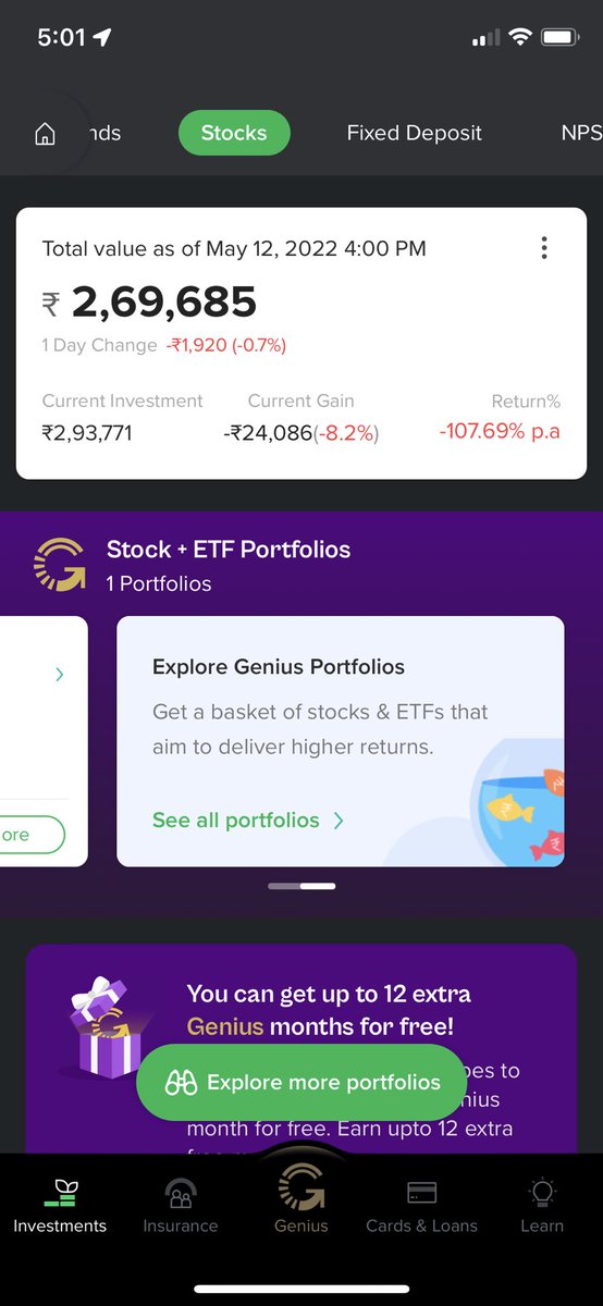 1ravishsingh's tweet image. Am I going to get margin call on equity investment @ETMONEY? 😂😂 
Annual return is -108%