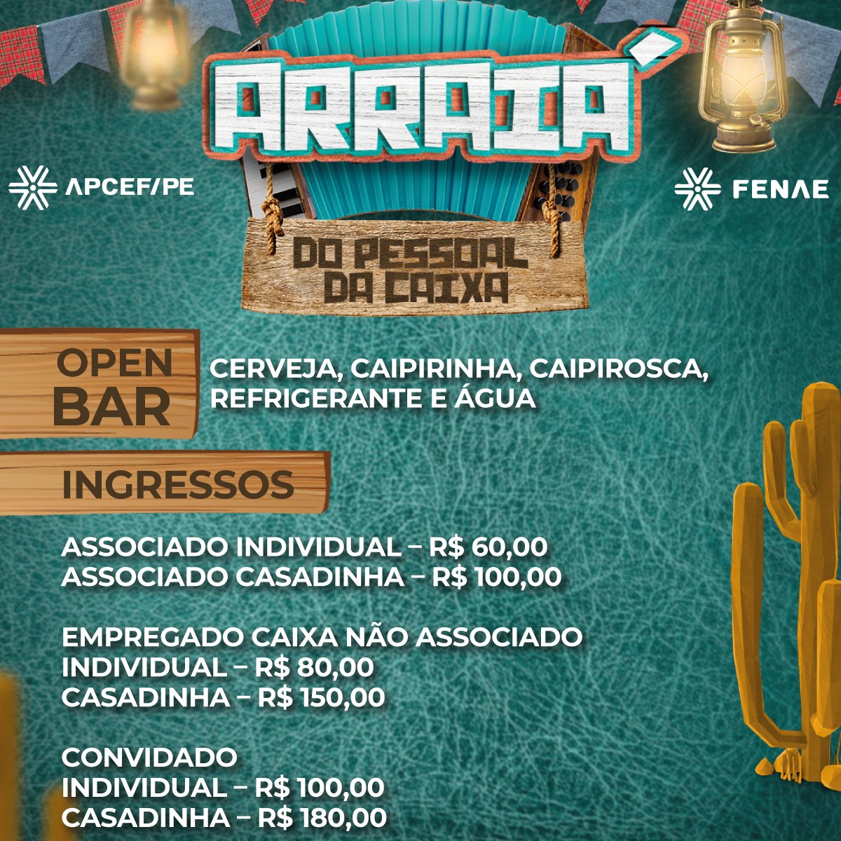 apcef_pe's tweet photo. 📣Arraiá do pessoal da CAIXA!

🍻🥃🍸🍹A programação está pra lá de especial, com música ao vivo, brincadeiras, gastronomia impecável e ainda tem open bar! 

🎟Garanta já o seu ingresso! 

💙🧡Não fique de fora do Arraiá do Pessoal da CAIXA. 

#apcefpe #caixa #associados https://t.co/TVlWgpnDD6