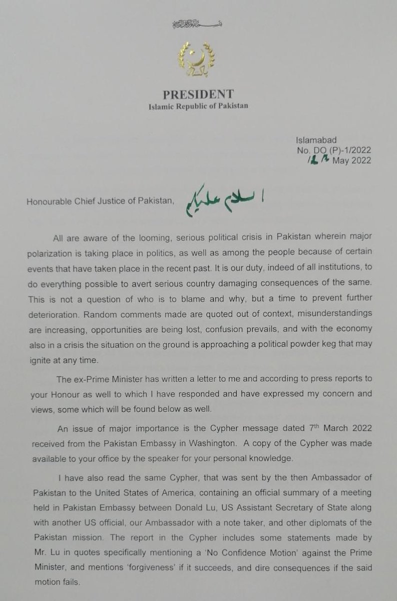 PresOfPakistan's tweet photo. صدرِ مملکت ڈاکٹر عارف علوی کا حکومت تبدیلی سازش کی تحقیقات، جوڈیشل کمیشن  کیلئے چیف جسٹس کے نام خط

مبینہ حکومت تبدیلی سازش کی تحقیقات اور سماعت کیلئے جوڈیشل کمیشن کی سربراہی ترجیحاً چیف جسٹس خود کریں، صدر مملکت https://t.co/bDbTEzGx7f