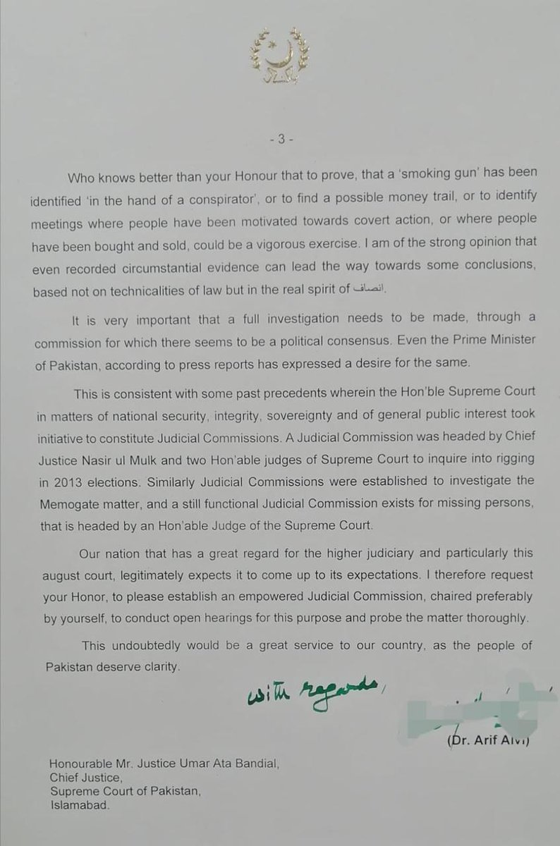 PresOfPakistan's tweet photo. صدرِ مملکت ڈاکٹر عارف علوی کا حکومت تبدیلی سازش کی تحقیقات، جوڈیشل کمیشن  کیلئے چیف جسٹس کے نام خط

مبینہ حکومت تبدیلی سازش کی تحقیقات اور سماعت کیلئے جوڈیشل کمیشن کی سربراہی ترجیحاً چیف جسٹس خود کریں، صدر مملکت https://t.co/bDbTEzGx7f