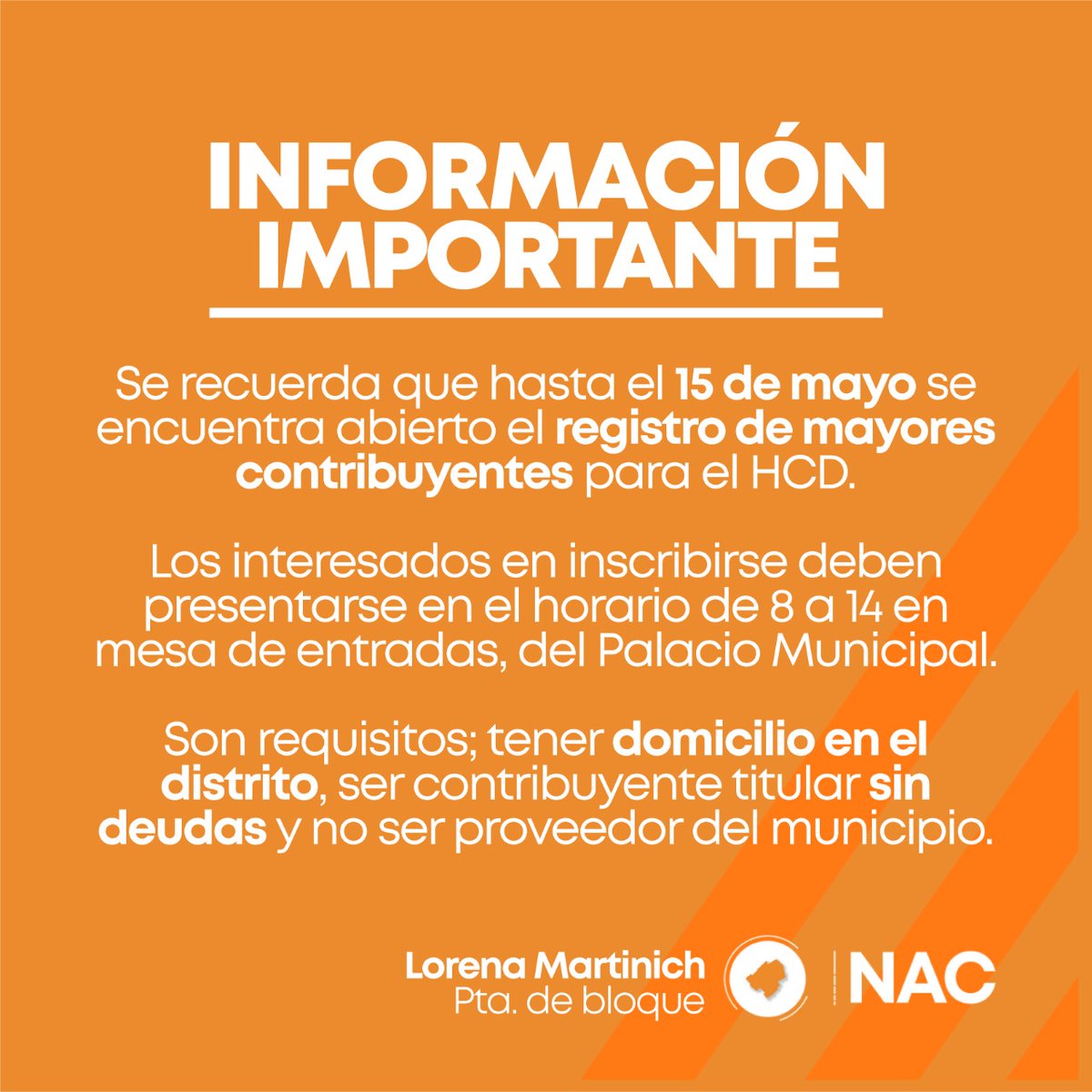 ✅ Se encuentra abierta la inscripción de Mayores Contribuyentes hasta el 15/5. Para más info entrá al flyer o acercate al Palacio Municipal. También podes contactarme por mensaje privado o al 2325 477104.