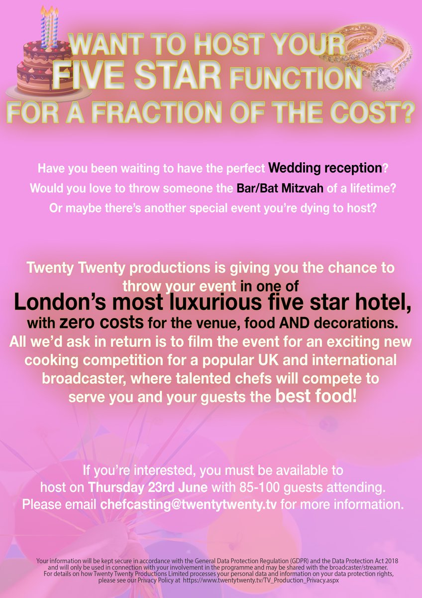 ⭐️ Want to host a FIVE STAR function in London for a fraction of the cost?! ⭐️

Twenty Twenty Productions is giving you the chance to host an event in a 5 STAR HOTEL on 23rd June.

📧 chefcasting@twentytwenty.tv

Please RT <a href="/OfficialCastMe/">Cast Me</a> <a href="/LucyCastingTV/">Lucy  Casting for TV</a> <a href="/Be_part_of_TV/">Be_part_of_TV</a> <a href="/JennTeevee/">Jenn TeeVee</a>