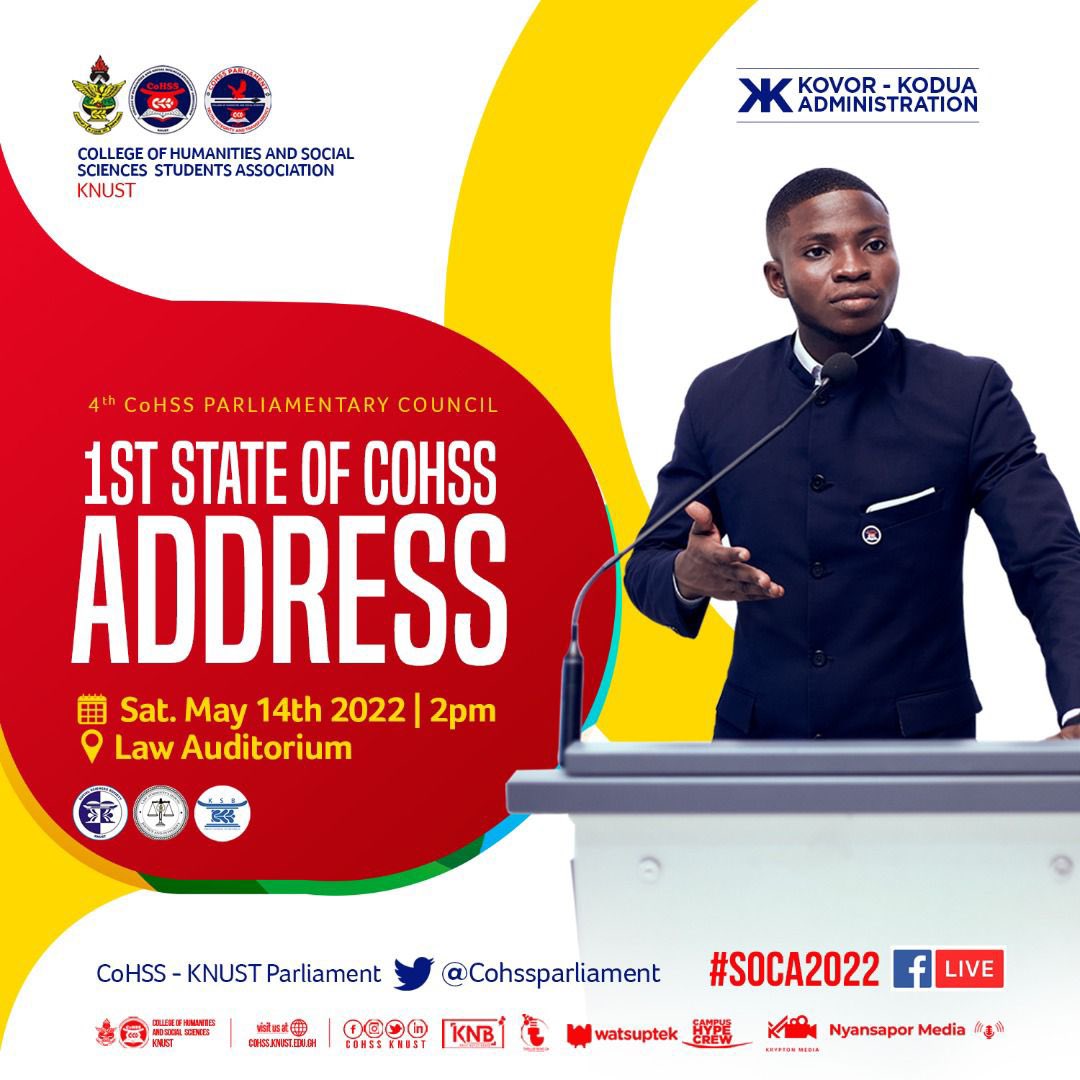 The 1st State of <a href="/CoHSSknust_/">CoHSS KNUST</a> address comes of this Saturday, May 14th May 2022 at the Law Auditorium. 
@KSB_KNUST <a href="/Knust_Lsu/">Law Students' Union- KNUST⚖️</a> <a href="/KnustSocioso/">SOCIOSO KNUST</a>