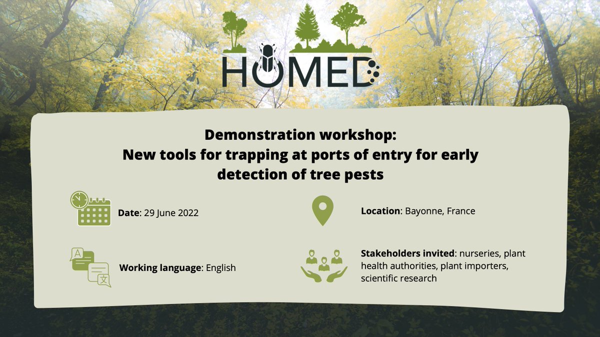 ProjectHOMED's tweet photo. 🎊We are back with another demonstration #workshop
🌳This time @IEFCPlantForest and @INRAE_France will present new tools for early detection of #treepests
🗓️29/06
📍Bayonne (France)
ℹ️https://t.co/JQzFLIwlAh
Register➡️https://t.co/V2Fz0W59qj https://t.co/hiLxrYagF3