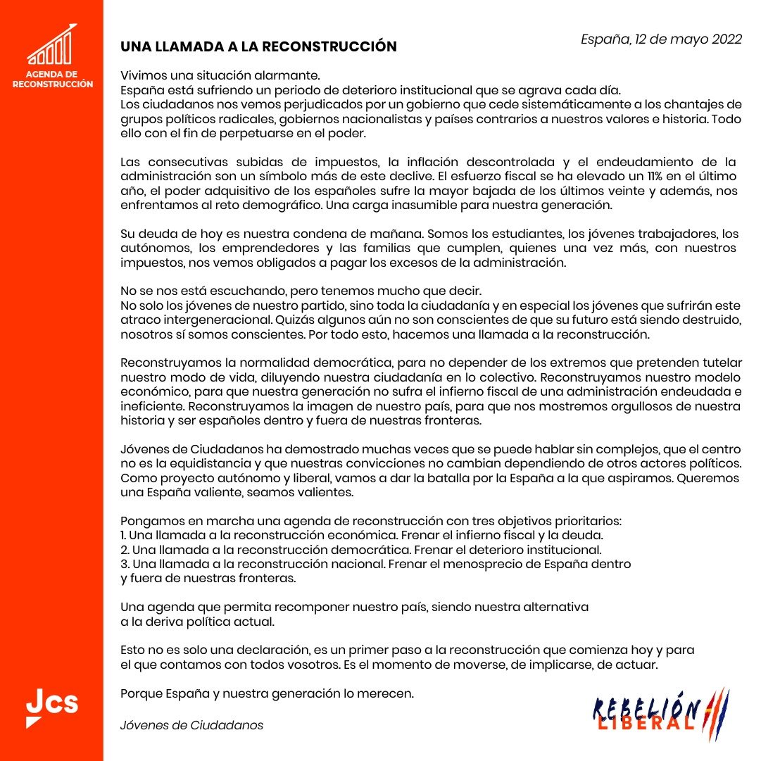 Es importante concienciar a la juventud de que lo normal no es malvivir en una habitación alquilada con sueldos precarios e impuestos altos.

El sistema español es cada día más insostenible.

Si los jóvenes no luchamos por nuestro futuro, nadie lo hará.

#RebeliónLiberal