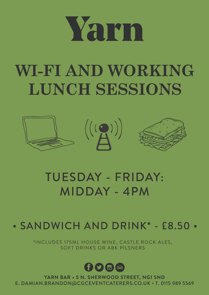 Yarn_Bar's tweet photo. We've introduced our WiFi and Working lunch offer, so come on by on a Tuesday-Friday, 12-4pm to make sure you don't miss out!
@CRBrewery
@RoyalNottingham https://t.co/CqmC9jac9L