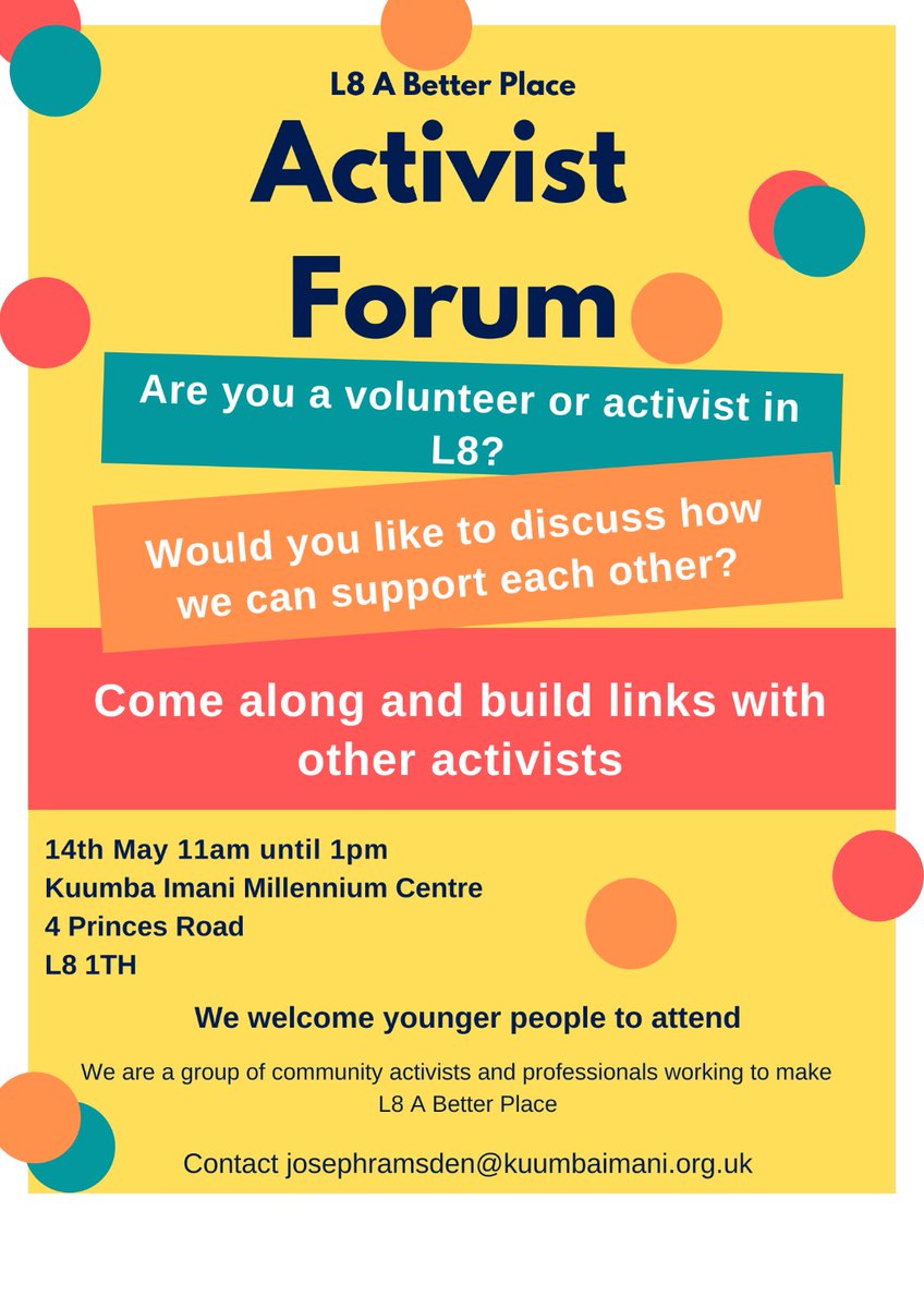 Are you a community activist in L8? Come to our second Activist Forum on Saturday 11.00-1.00 <a href="/Kuumba_Imani/">Kuumba Imani</a>. Connect with other activists and eat together 🙂