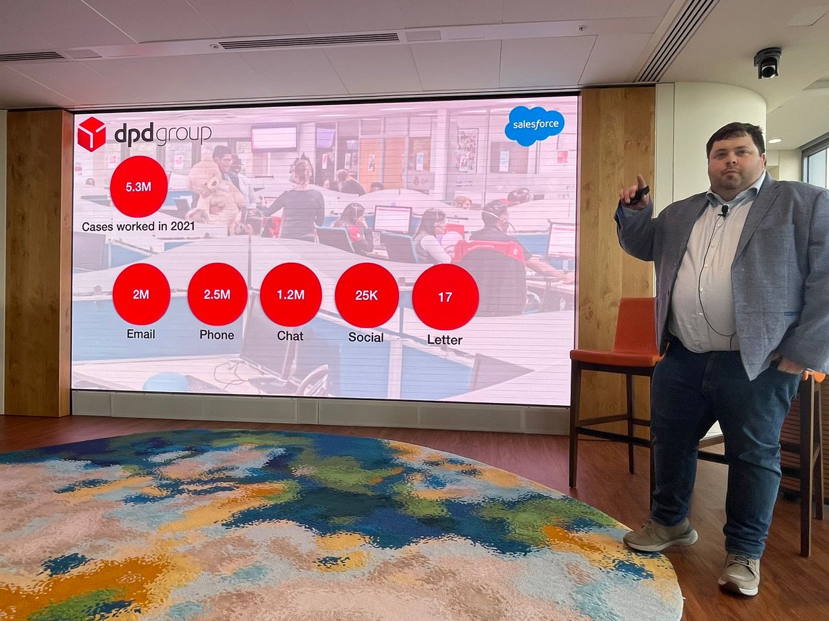 SalesforceUK's tweet photo. Welcome to the stage, Adam Hooper, Head of Salesforce at @DPDgroup_news!
Adam shared how they have saved an average of 45 seconds across ➡️ all ⬅️ interactions with Service Cloud #ServiceSummit https://t.co/S8dpUGMlTl