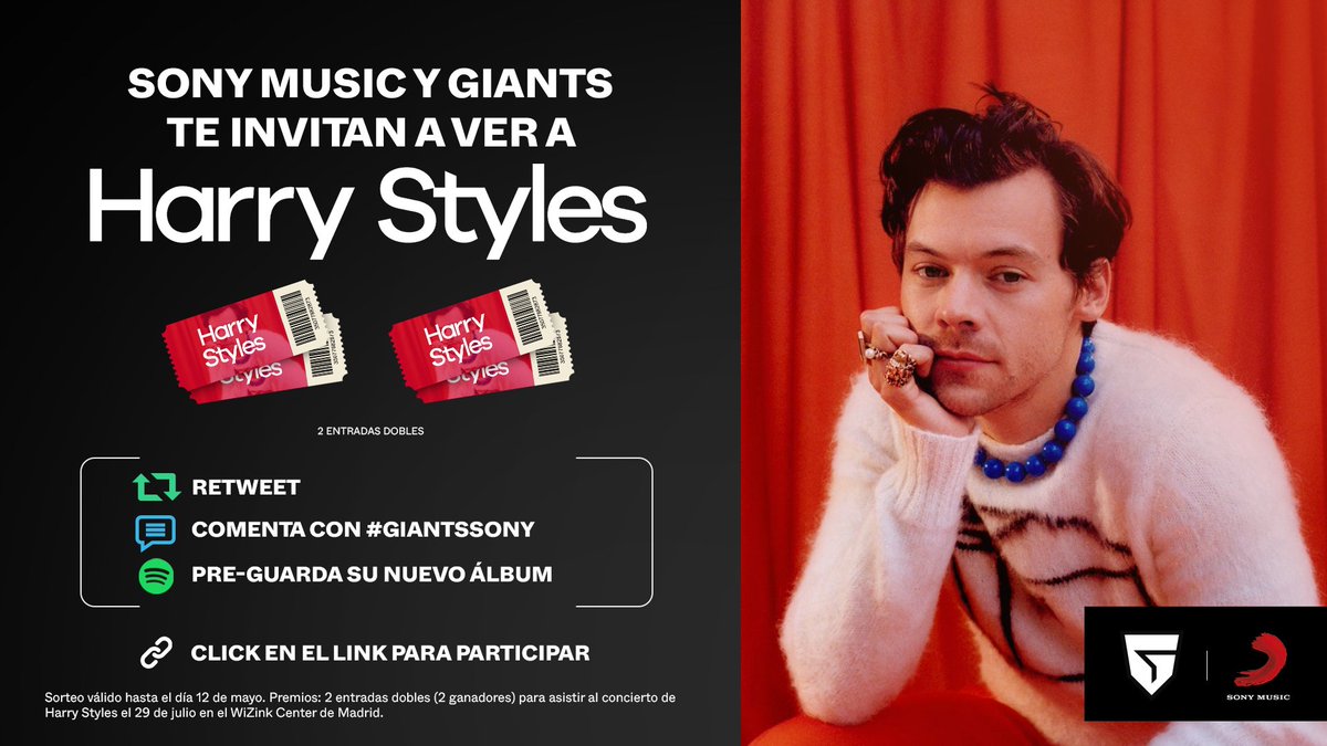 ¡SORTEO EXCLUSIVO CON @SONYMUSICSPAIN!

💥 DOS ENTRADAS DOBLES PARA HARRY STYLES 💥

¿QUÉ MÁS QUIERES? PARTICIPA YA 🍀 #GiantsSony

Para participar ➡️ gleam.io/competitions/q…