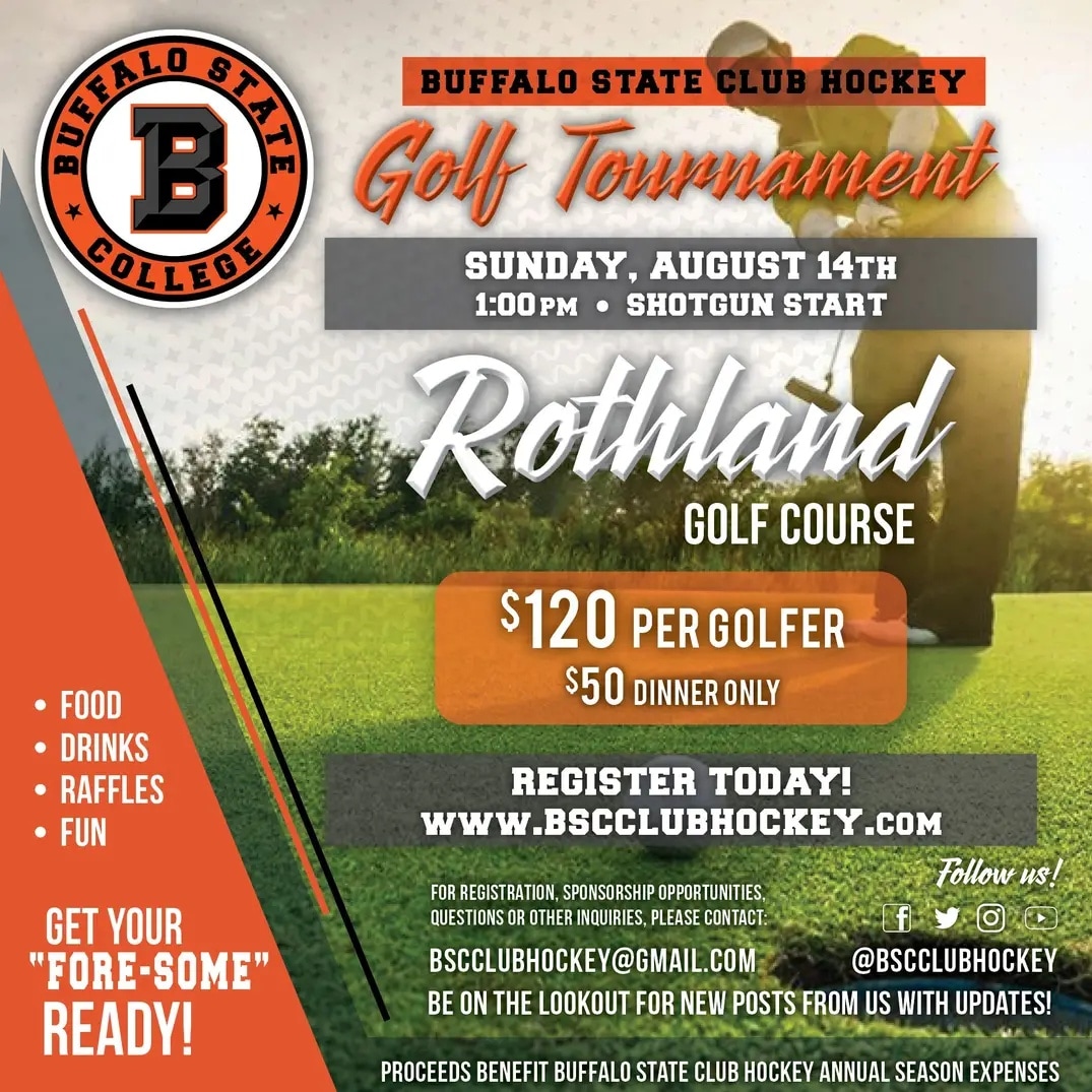 Have you heard? Registration is OPEN for our First Annual Golf Tournament!

Head over to bscclubhockey.com and fill out the form with your information.

Get your "fore-some" ready! 🐅

#golf #hockey #unychl #chf #tournament #scramble #Bengals
