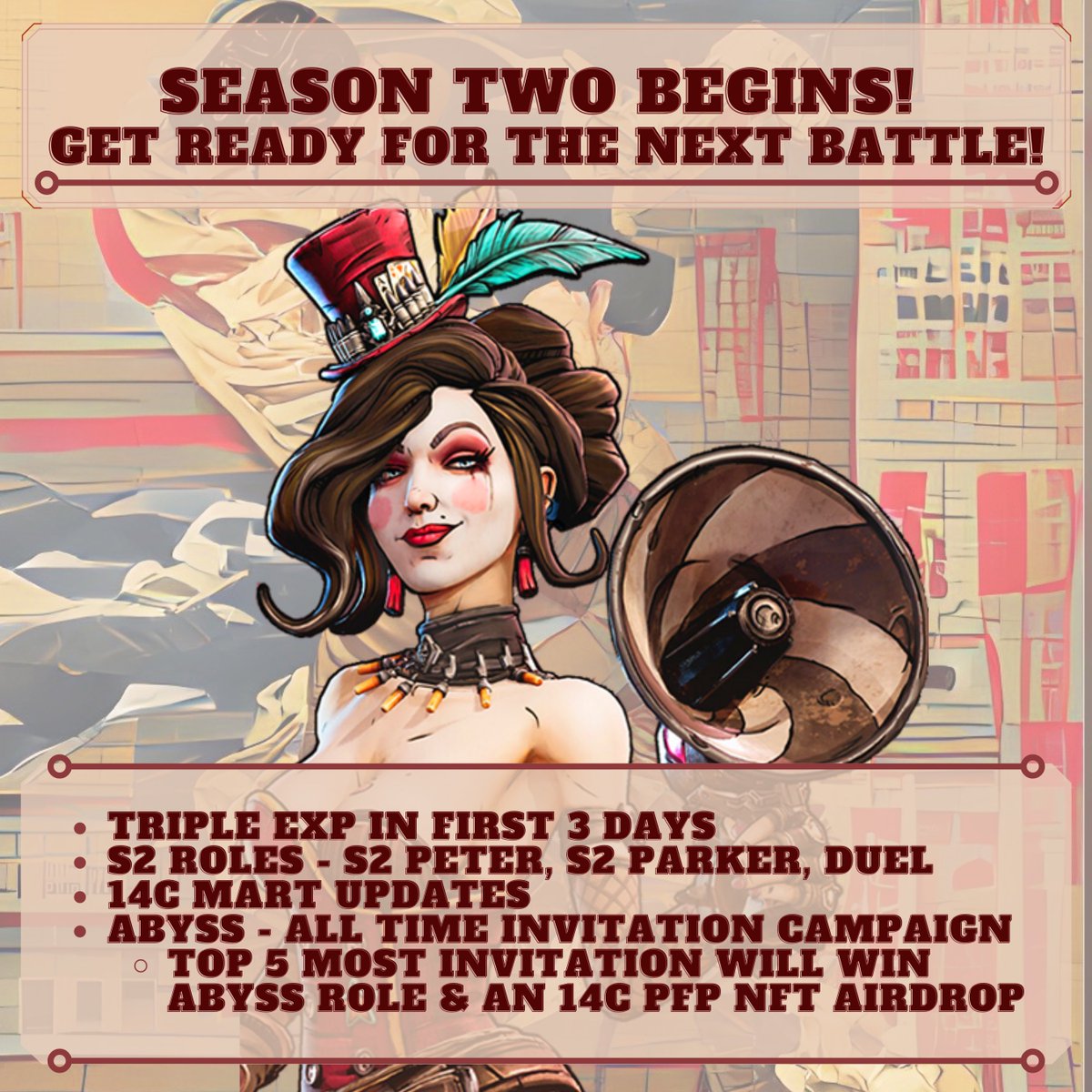 🔵 Season two begins today
🤩 Triple Discord leveling experience at 12:00 EST on 12/5 for three days
🦸‍♂️ New roles in S2
🛒 14C Mart items price increase

👉 Join Discord: discord.gg/vFM2CCjZYe
#NFTGame #onFlow #gamefi #p2e #playtoearn #MMORTS #GuildGamers <a href="/YieldGuild/">Yield Guild Games</a> <a href="/flowverse/">Flowverse 🌊 - Discover Flow Blockchain</a>