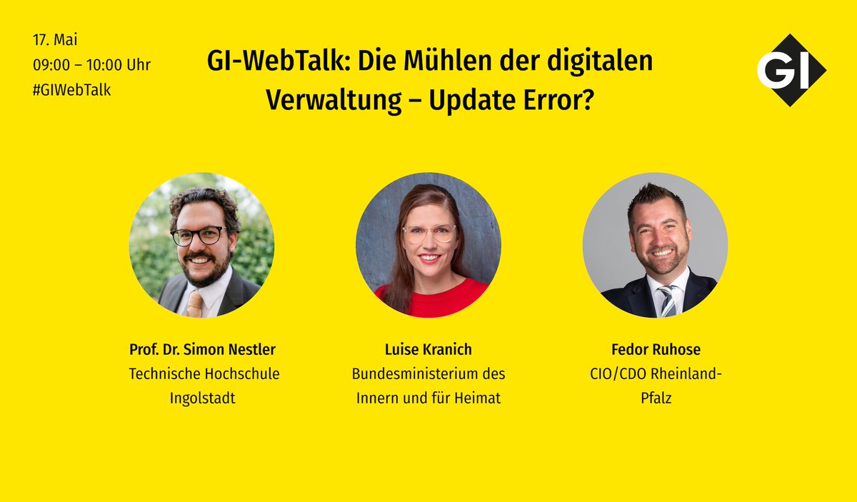 informatikradar's tweet photo. Bei der #Digitalisierung der #Verwaltung ist 🇩🇪 im EU-Vergleich regelmäßig Schlusslicht. Woran scheitert es? Das diskutieren #SimonNestler @th_ingolstadt, @Luise_Kranich @BMI_Bund & #FedorRuhose @Soziales_RLP im #GIWebTalk! Anmelden & am 17.5. einschalten! https://t.co/df8EIhqV2R https://t.co/NDyZXDZEpu