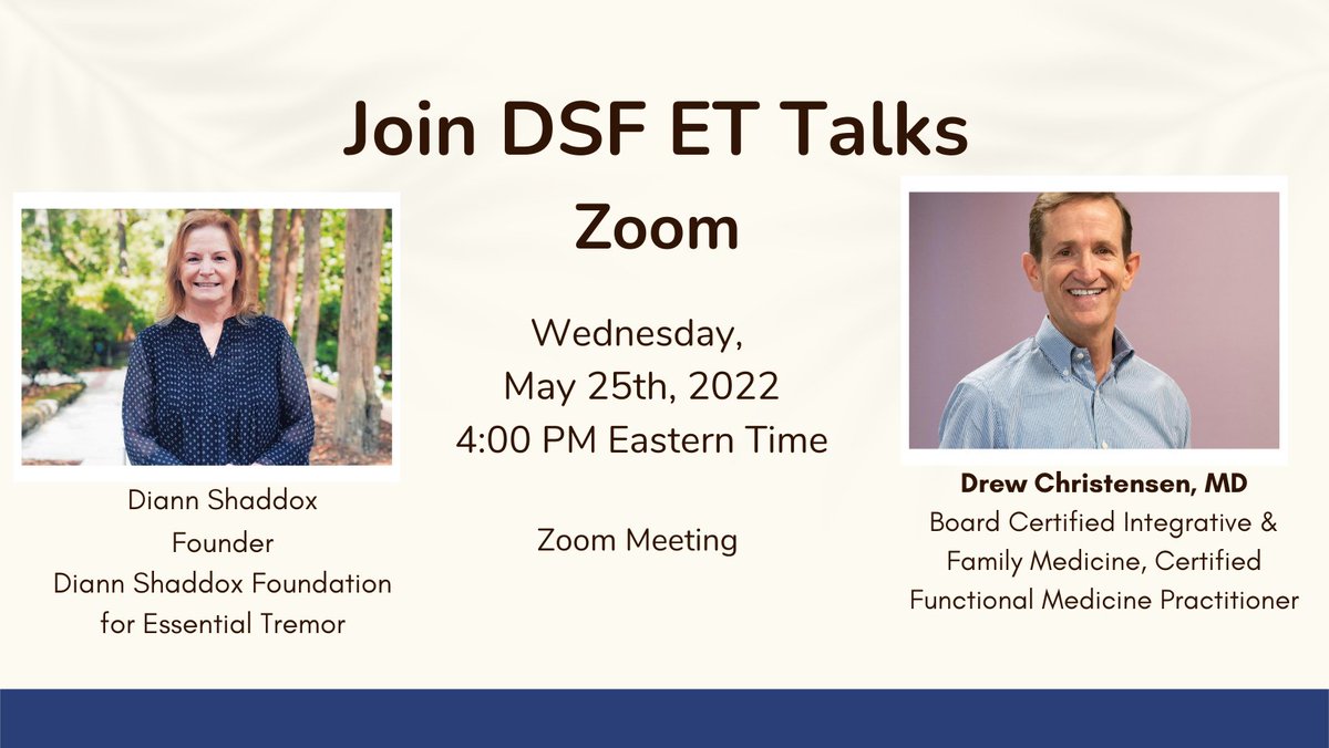 et_dsfoundation's tweet photo. Join Dr. @DrDChristensen & @Diann_Shaddox for a #zoom #ETTalks event May 25th, 2022, 4:00 pm Eastern Time. Discuss living with ET & how Dr. Christensen has learned alternative solutions to help himself & ET patients live unshakable lives https://t.co/F9xtWNdtgg https://t.co/cibQCPh4nI