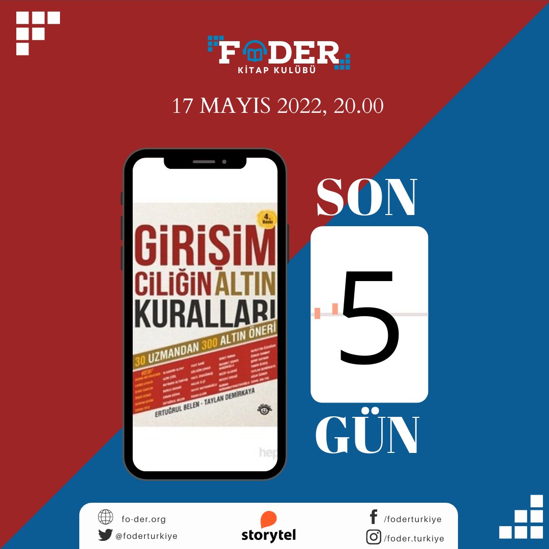 📢SON 5 GÜN!

17 Mayıs'ta bir araya geleceğimiz #FoderKitapKulübü buluşmamız saat 20.00'de gerçekleşecek.

🖊 Moderatör;
YK Başkanımız <a href="/AttilaKoksal/">Attila Koksal</a>

🛋 Konuklar;
<a href="/ErtugrulBelen/">Ertuğrul Belen</a> <a href="/fuatsami/">Fuat Sami</a> <a href="/numan/">Numan Numan</a>

Detaylar👇
fo-der.org/foder-kitap-ku…
<a href="/storytel_tr/">Storytel Türkiye</a>