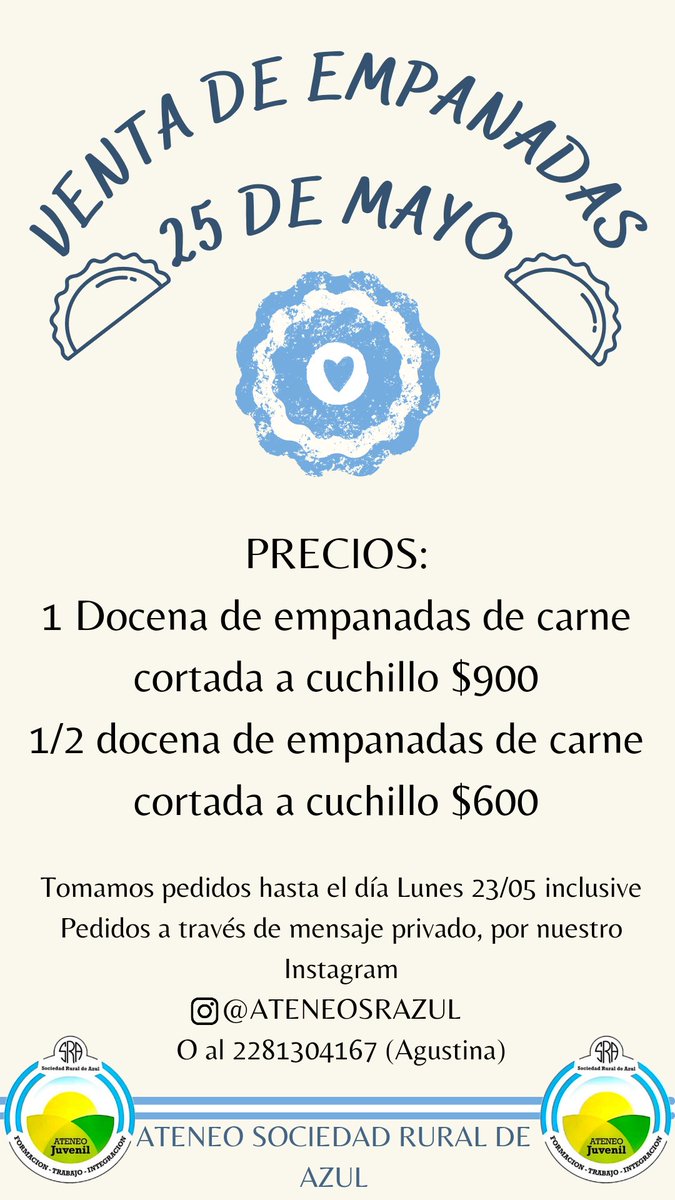 Hola a todos! Nos encontramos haciendo una venta de empanadas para el día 25 de mayo para solventar los gastos de próximo congreso! Tomamos pedidos hasta el día 23/05 inclusive