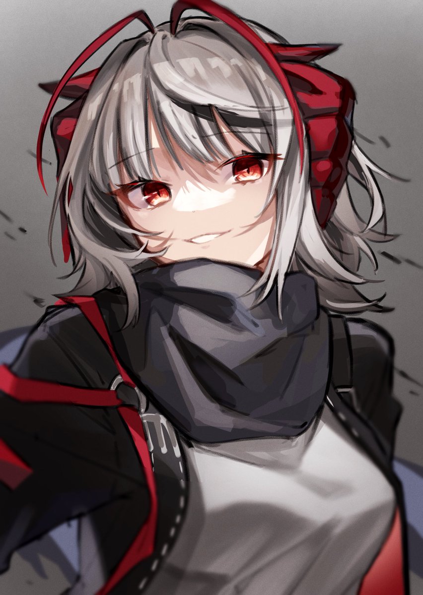 w (arknights) 1girl solo horns red eyes jacket black jacket shirt  illustration images