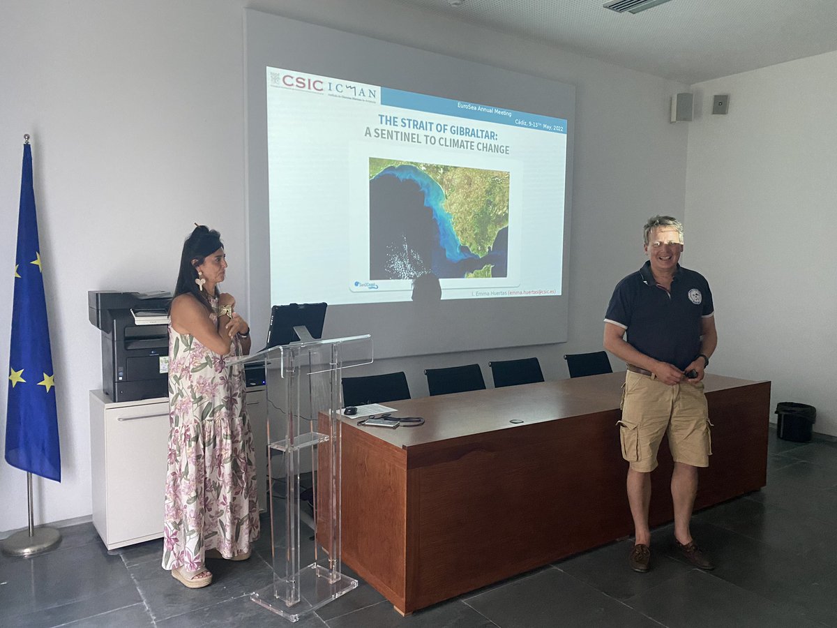 jtintoreocean's tweet photo. Extremely happy to meet today my friend @emma_huertas from @ICMAN_CSIC who just gave an exciting talk on the Strait of Gibraltar, a sentinel to climate change in @Euro_Sea meeting ! Congratulations ! https://t.co/HFqOBGTfpI