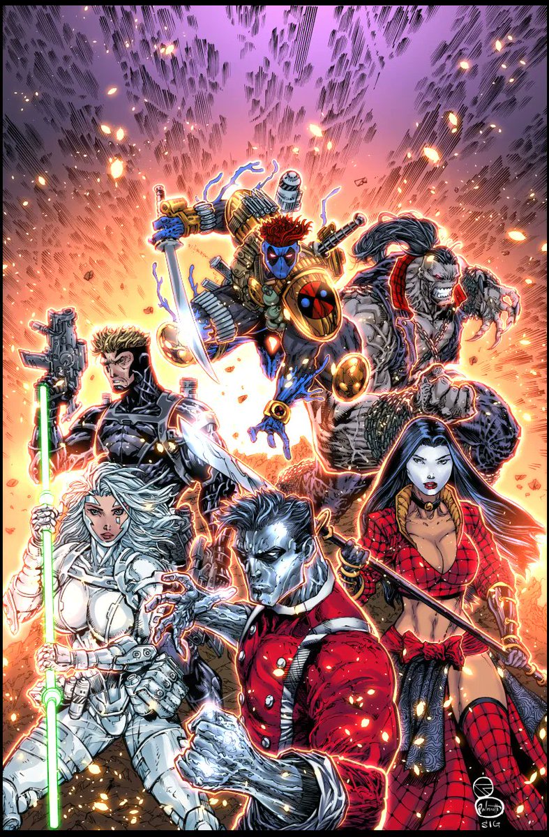 Homage of @Marc_Silvestri 's cyberforce #1 featuring @NicholasGeer character The Relentless Tin soldier and characters by @BillyTucci @ArtThibert @couchdoodles #dalekeown #ShiGateCrashers ! Pencils by @AllanGoldman3 and inks by @PeterPalmiotti colors @sigtorre
