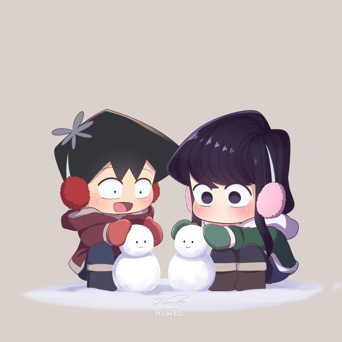 komi shouko 1girl snowman 1boy black hair earmuffs smile chibi  illustration images