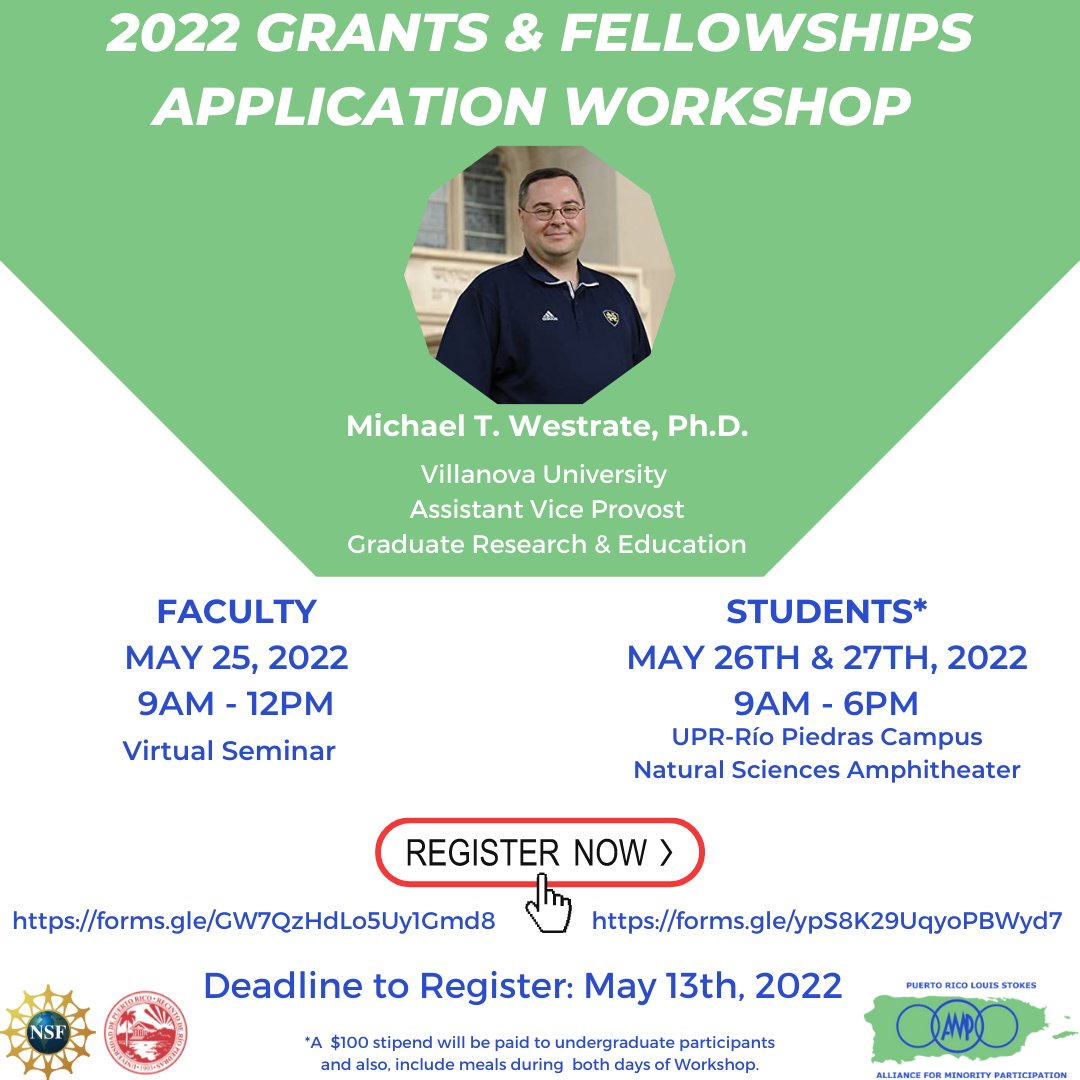 LsampPr's tweet photo. 📢 2022 Grants &amp; Fellowships Application Workshop
📍 UPR-Río Piedras Campus
Natural Sciences Amphitheater CN-142
📝 Deadline to Register: May 13th, 2022
Students: https://t.co/4HWOI6chYJ
Faculty: https://t.co/Id1nqZSyOw https://t.co/NhKwv8Rr4i