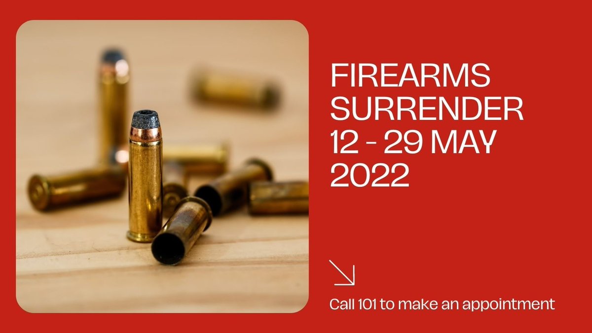 roadpoliceBCH's tweet photo. Today marks the first day of the national Firearms Surrender. Take this opportunity to hand in any unwanted or illegally held firearms and ammunition to police. Did you know you can do this anonymously? Just call 101 to organise an appointment. #firearmssurrender https://t.co/bdMVPi5Ani