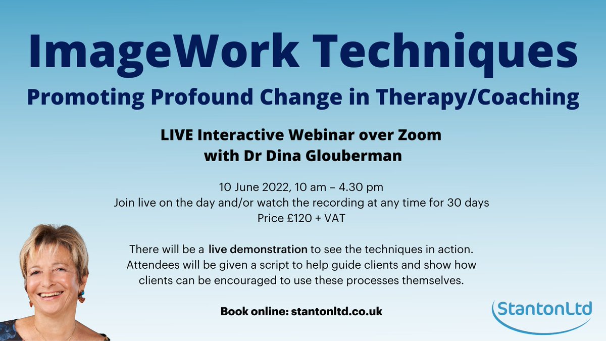 dinaglouberman's tweet photo. Do your clients sometimes get stuck and find it hard to make changes? 

In this webinar on 10 June you will learn powerful techniques focusing on two #ImageWork processes that can be incorporated into your approach: https://t.co/QX5Ju66czK https://t.co/YMLnLfocNK