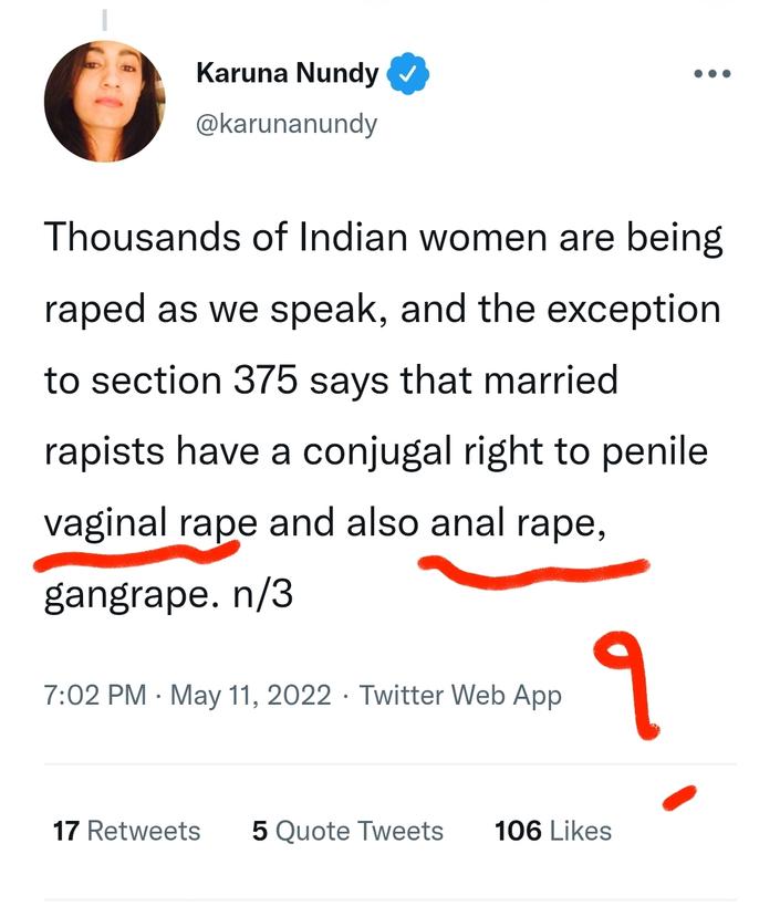 Vaginal rape is already covered in IPC 498a, DV act. Anal rape is already covered in IPC 377. Read the law before commenting in social media and arguing in courts #MaritalRape