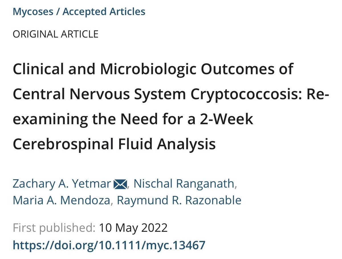 MayoClinicINFD's tweet image. Publication Alert

Do you need to repeat CSF analysis in all patients with #cryptococcal #meningitis? This study describes the patients more likely to have CSF culture + for cryptococcus at 2 weeks. @ZYetmar @NischalR3 @MariAleMendozaD @RazonableMD

doi.org/10.1111/myc.13…