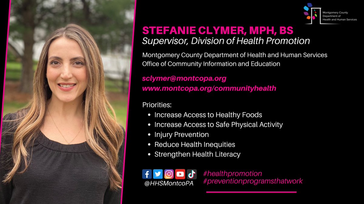 HHSMontcoPA's tweet photo. Meet #HHSMontcoPA Supervisor of Health Promotion, Stefanie Clymer. 

For more information, please visit: https://t.co/gF2NGeUtvO

#healthpromotion #preventionprogramsthatwork https://t.co/ExCFcAkjZ1