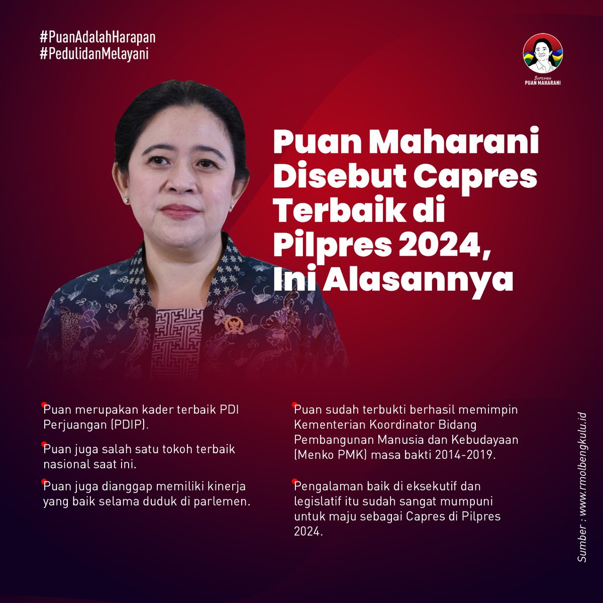 Veyza11's tweet photo. Beberapa poin alasan Puan Maharani dinilai sebagai calon presiden terbaik pilpres 2024
Puan Untuk Indonesia https://t.co/ji2JO4vDT7