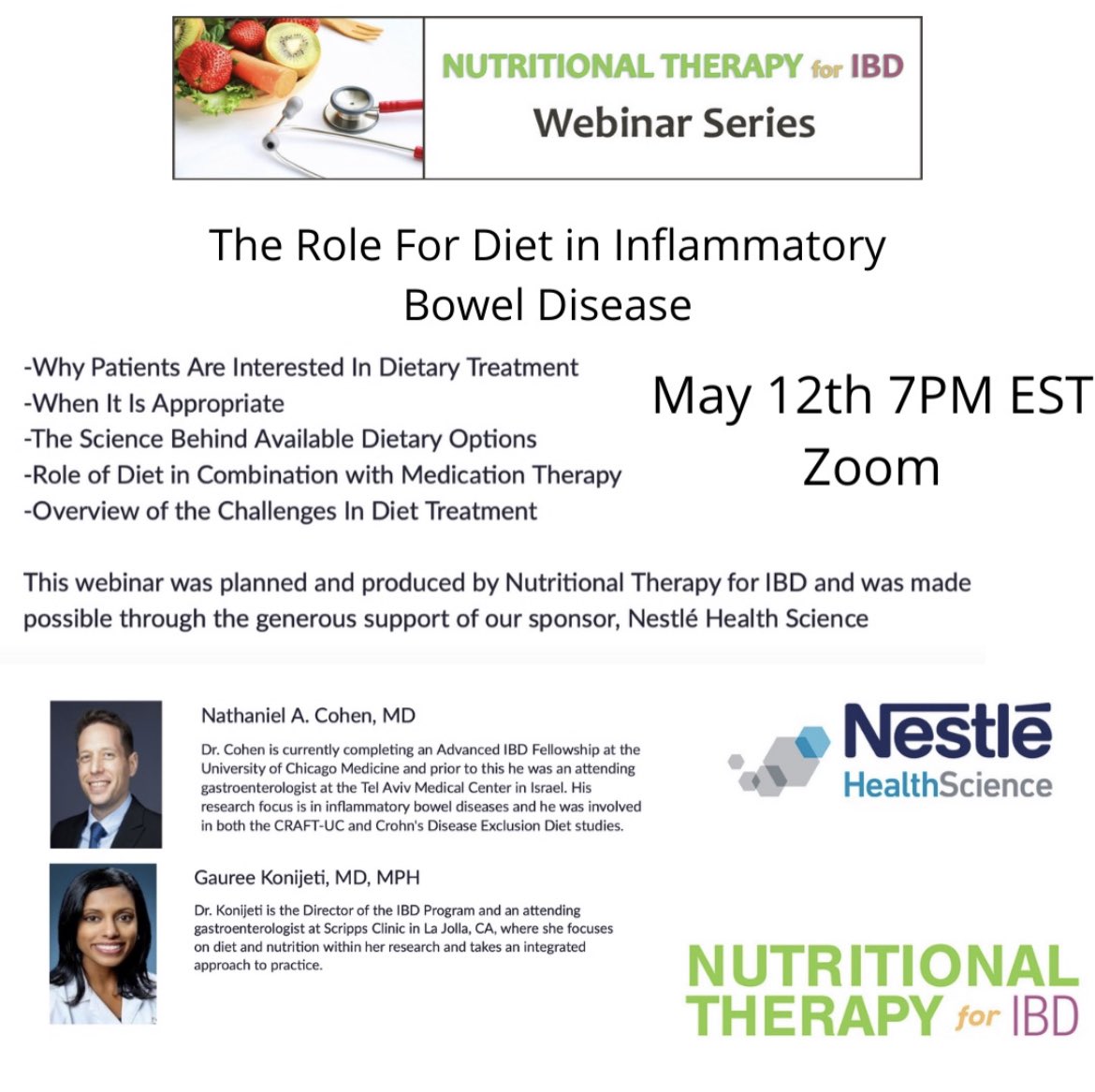 Nutritional Therapy for IBD (@ntforibd) on Twitter photo Still time to register for our first ever NTforIBD webinar!
Join us over zoom at 7pm EST to learn about the the role for diet in #IBD from experts <a href="/DocCohenIBD/">Nathaniel A. Cohen</a> and <a href="/GGKonijeti/">Gauree Konijeti</a>.
us06web.zoom.us/webinar/regist… Still time to register for our first ever NTforIBD webinar!
Join us over zoom at 7pm EST to learn about the the role for diet in #IBD from experts <a href="/DocCohenIBD/">Nathaniel A. Cohen</a> and <a href="/GGKonijeti/">Gauree Konijeti</a>.
us06web.zoom.us/webinar/regist…