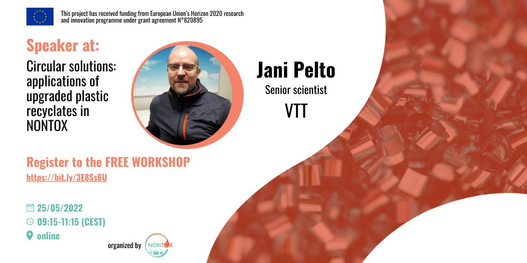 NontoxProject's tweet image. 📌FREE WORKSHOP - MAY 25 2022
@NontoxProject is pleased to introduce you the speakers of the workshop “Circular solutions: applications of upgraded #plastic recyclates in NONTOX” to be held on 25th May, 09:15-11:15 (CEST). #H2020 

For registration:
👉 bit.ly/3E8Ss6U