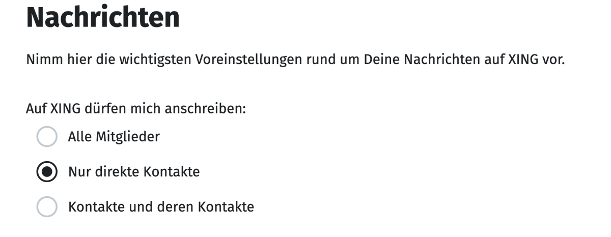 Hallo <a href="/XING_de/">XING</a>, warum bekomme ich Nachrichten von nicht-befreundeten Menschen (Recruitern) wenn ich die  Profileinstellungen wie im Screenshot habe? #xing #privacy