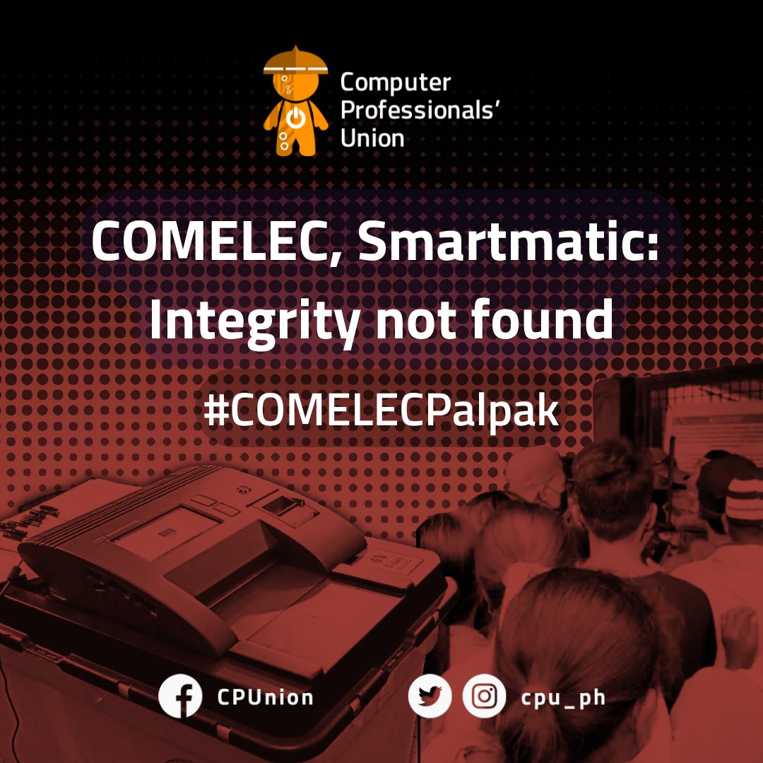 cpu_ph's tweet photo. COMELEC, Smartmatic: INTEGRITY NOT FOUND

Mariing kinukundena ng CPU ang kapabayaan ng COMELEC at Smartmatic na nag-dulot sa isa sa mga pinakamaruming halalan sa kasaysayan ng Pilipinas.

#COMELECPalpak https://t.co/yZSxj2br9N