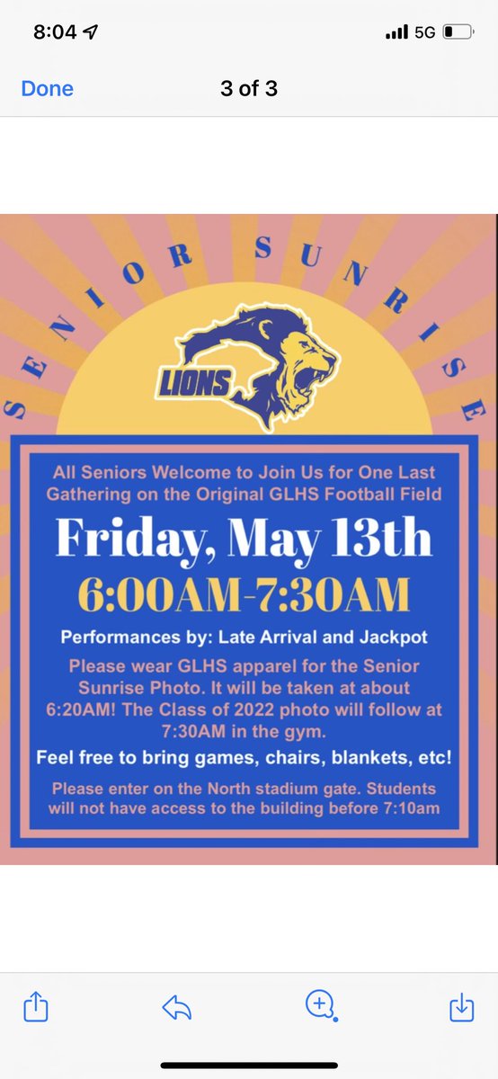 TheRealMrBanks's tweet photo. Hey Senior Class 2022 of @GLHSLions 
Don't miss the "Senior Sunrise" activity Friday morning, May 13th at 6am!
- park in your normal spots &amp; enter the stadium at the North gate (main gate)

Hope to see you there! 
@jessicaslocum3 @MrKingGLHS @dustincullen @GLHS_Athletics https://t.co/4EeXuBFUsP