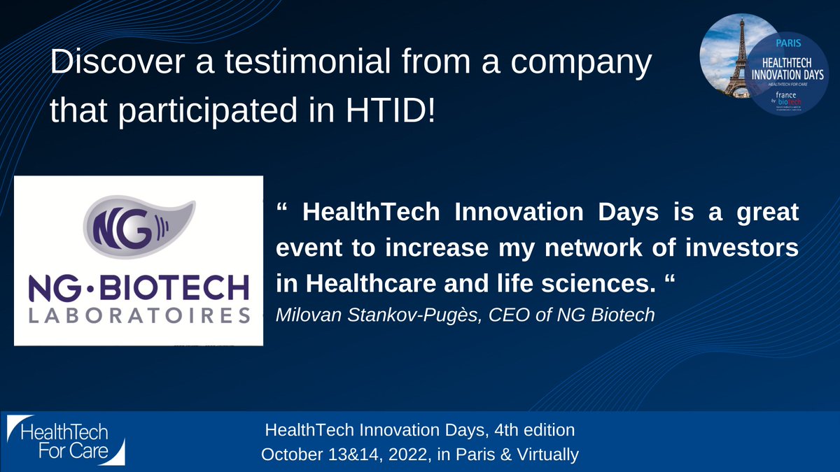 💬 Testimonial HTID 💬
Discover the testimonial of <a href="/NGBiotech_EN/">NG BIOTECH</a>  about their last participation! 
As Milovan Stankov Pugès - Be part of HTID!
↪ Application: lnkd.in/e335mEFF 
htfc-eu.com/htid/