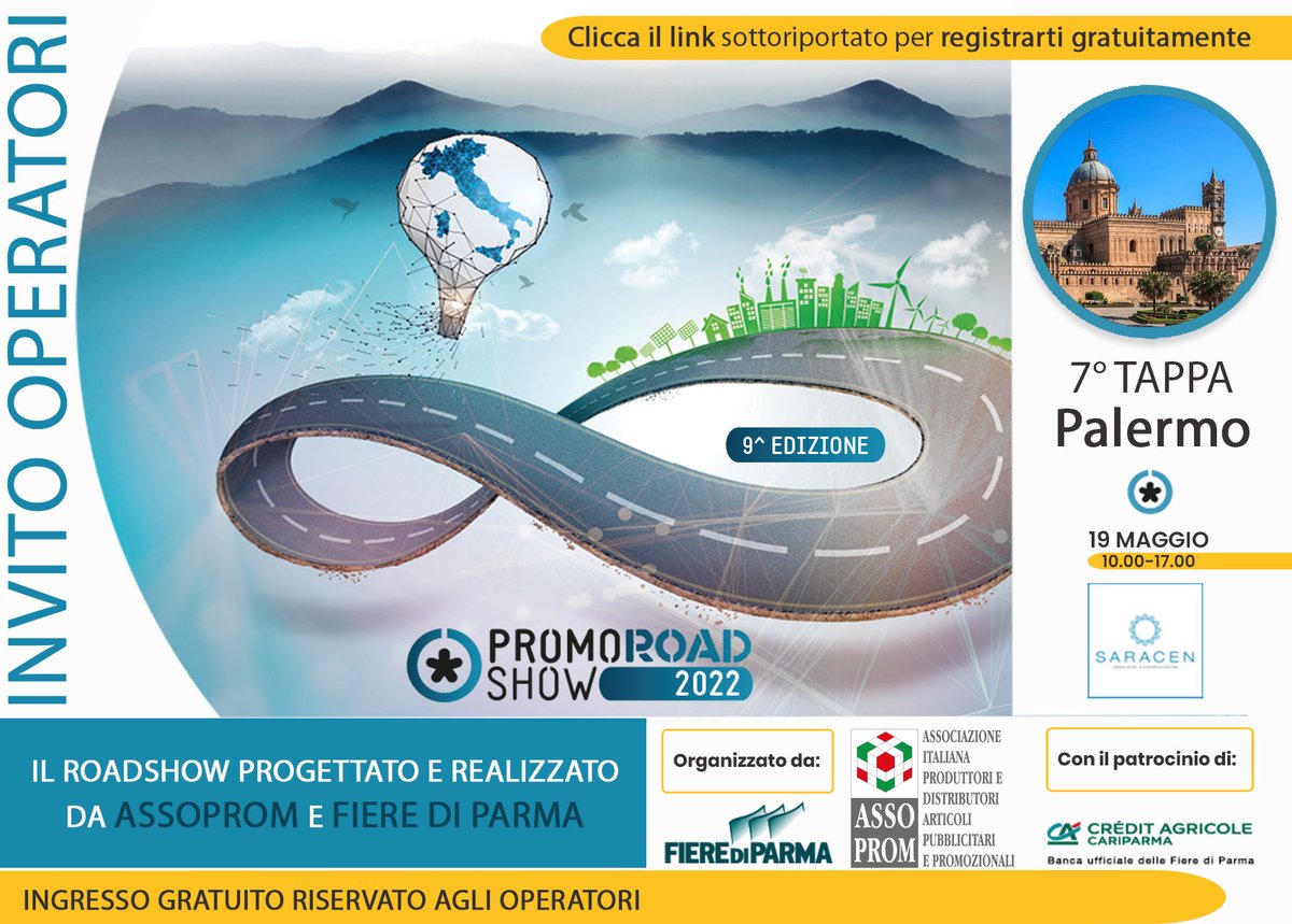 PromoRoadShow's tweet photo. #PromoRoadShow 2022 - 7^ tappa - Palermo
19/05/2022 h 10.00 - 17.00
@ Saracen Sands Hotel &amp; Congress Centre
Via libertà, 128a – Isola delle femmine

Ingresso gratuito, riservato agli operatori del settore, previa pre-registrazione online: https://t.co/NJr4Sb5wH4 https://t.co/NS529a6Jot