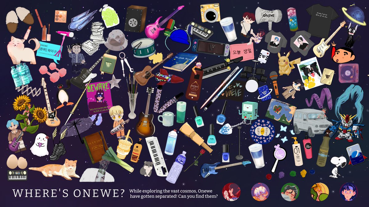 studioweve's tweet photo. [👀] Where's Onewe?  - an i-spy collab celebrating all things ONEWEVE 🔍

Find the 5 hidden members! Comment or retweet your answers with #3rdOrbitWithONEWE 🪐 
(For extra challenge, see how many references you can identify) https://t.co/q1xBPJwQGY