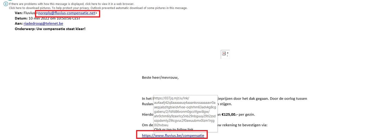 safeonweb_be's tweet photo. Oppassen: opnieuw valse Fluvius e-mails in omloop (zie voorbeeld) Zorg dat je er niet op klikt! #Phishing Meer info: https://t.co/pek9sf1bph https://t.co/VnnkCKwMwQ