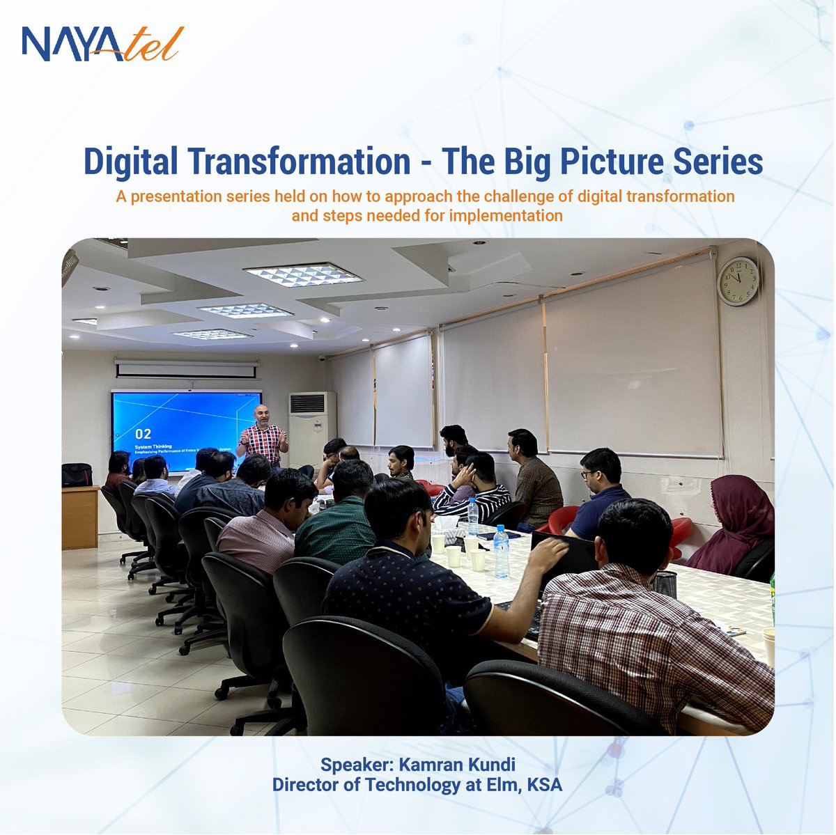 nayatelpk's tweet photo. Digital Transformation is revolutionizing work processes globally. 
Our esteemed guest Kamran Kundi, Director of Technology at Elm, gave an extensive session to Nayatel engineers.

#nayatel #digitaltransformation #presentationsession https://t.co/qk2vbgdlC5