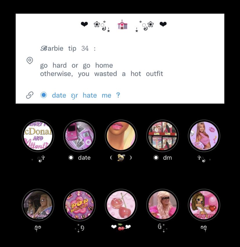 , barbie girl ! ✧
⠀
bio , location link &amp;̵ highlight ig template
price : 9b
mt anything for all
⠀
* can edit emoji
* can edit text after ◉
* can mention until i close kup 👻

🖤👱🏿‍♀️🖤