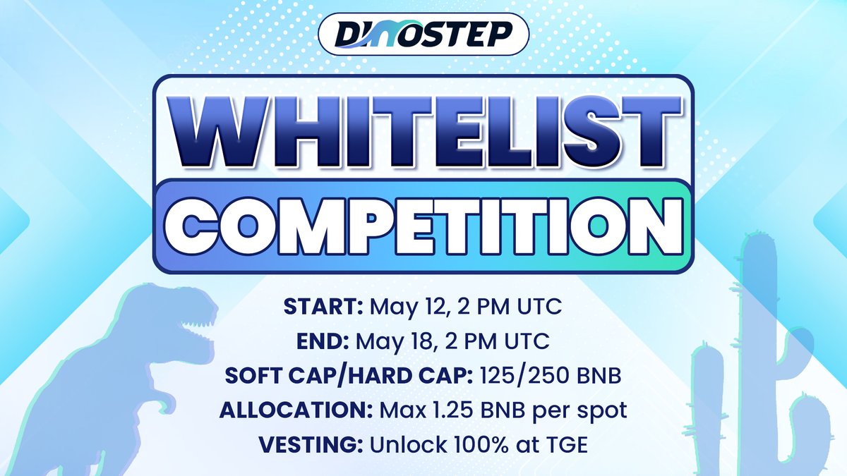 dinostepapp's tweet photo. 🔥 DINOSTEP WHITELIST COMPETITION 🔥

Dear our community, we officially launched the whitelist competition.

👉 Join now: https://t.co/1i1EdYS6BI

⏰ Time: 2 PM UTC, May 12 - 2 PM UTC, May 18

🚀 Get ready for the new presale! https://t.co/XzCriA54XL