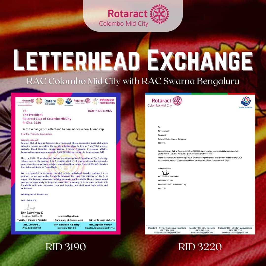 ClubColombo's tweet photo. We are honored to completed a letterhead exchange with Rotaract Club of Swarna Bengaluru, RID 3190 on World Rotaract Day in order to create mutual friendships, bonds beyond the borders while working together for the betterment of global and local societies. https://t.co/4vey2epUud