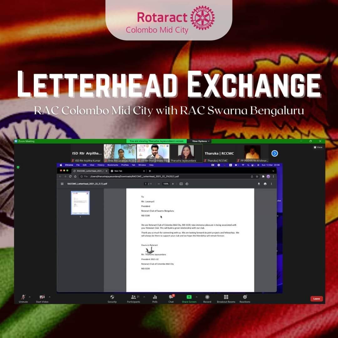 ClubColombo's tweet photo. We are honored to completed a letterhead exchange with Rotaract Club of Swarna Bengaluru, RID 3190 on World Rotaract Day in order to create mutual friendships, bonds beyond the borders while working together for the betterment of global and local societies. https://t.co/4vey2epUud