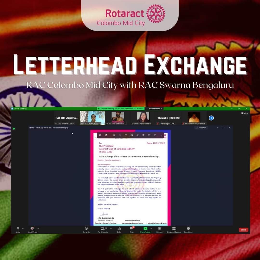 ClubColombo's tweet photo. We are honored to completed a letterhead exchange with Rotaract Club of Swarna Bengaluru, RID 3190 on World Rotaract Day in order to create mutual friendships, bonds beyond the borders while working together for the betterment of global and local societies. https://t.co/4vey2epUud