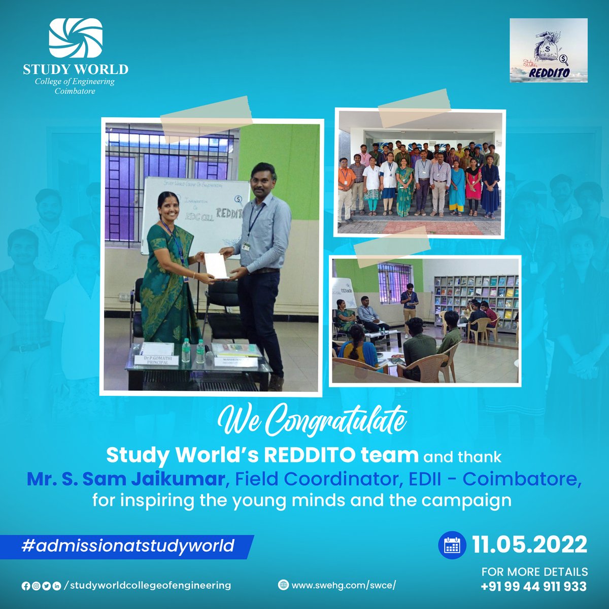StudyWorldGI's tweet photo. The #students of #StudyWorld were highly excited and motivated by the visit of Mr. S. Sam Jaikumar, Field Coordinator, #EDII - #Coimbatore, to our #EntrepreneurDevelopment Cell - REDDITO which was begun as a part of our effort to create #youngEntrepreneurs.

#REDDITO
#Thursday https://t.co/Rp1shjtn5T