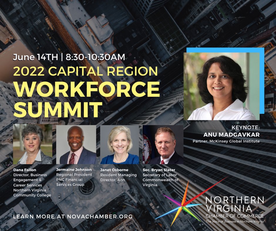 NOVAChamber's tweet photo. Join us June 14th for our Capital Region Workforce Summit! Anu Madgavkar, McKinsey Global Institute Partner, will present the results of McKinsey’s Human Capital Report, setting up a can’t-miss discussion from leading workforce experts. https://t.co/oF7nTLQH6K #novaworkforce https://t.co/mHbugx6ObV